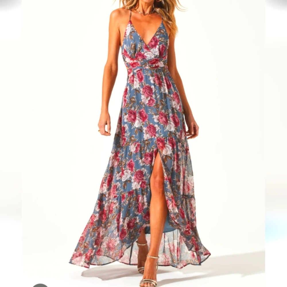 ASTR The Label Slate Blue Frolic Floral Cut Out Maxi Dress, Sz S.